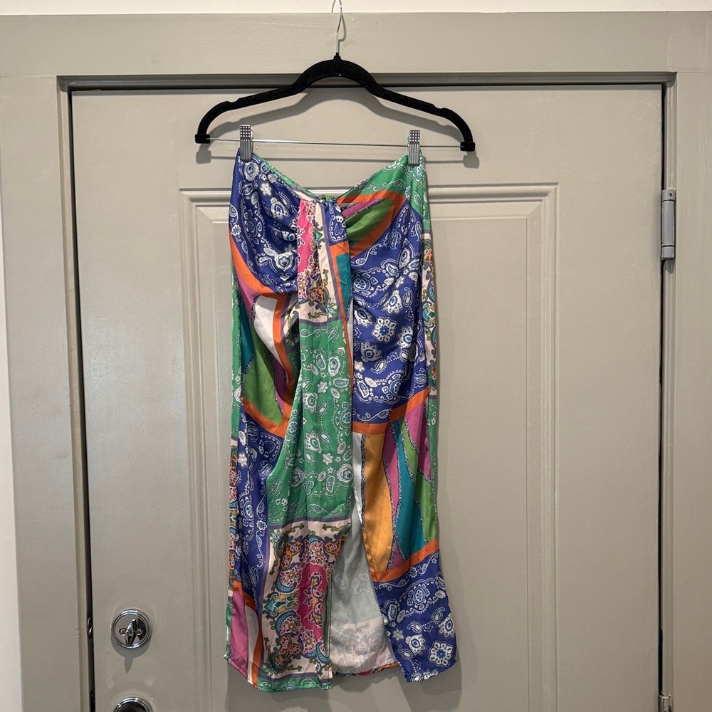 Colorful Patchwork Satin Midi Skirt - Multicolor